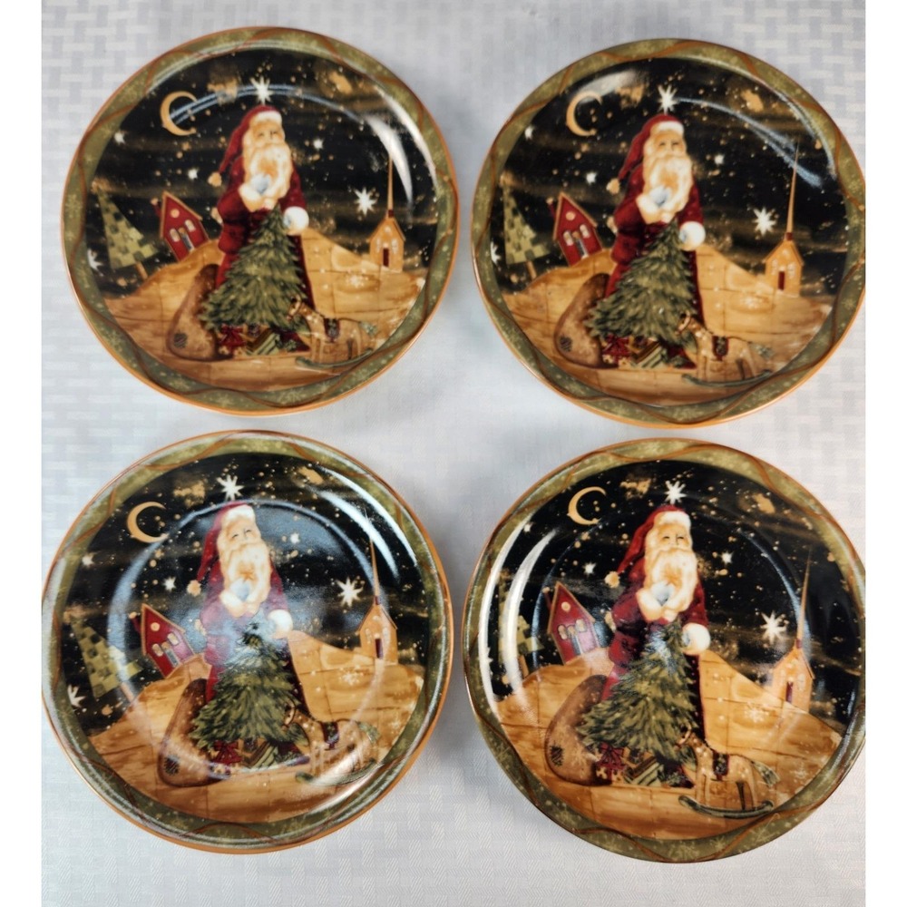 Old World Santa 8" Dessert / Salad Plates Set Of 4 Ceramic Christmas Primitive
